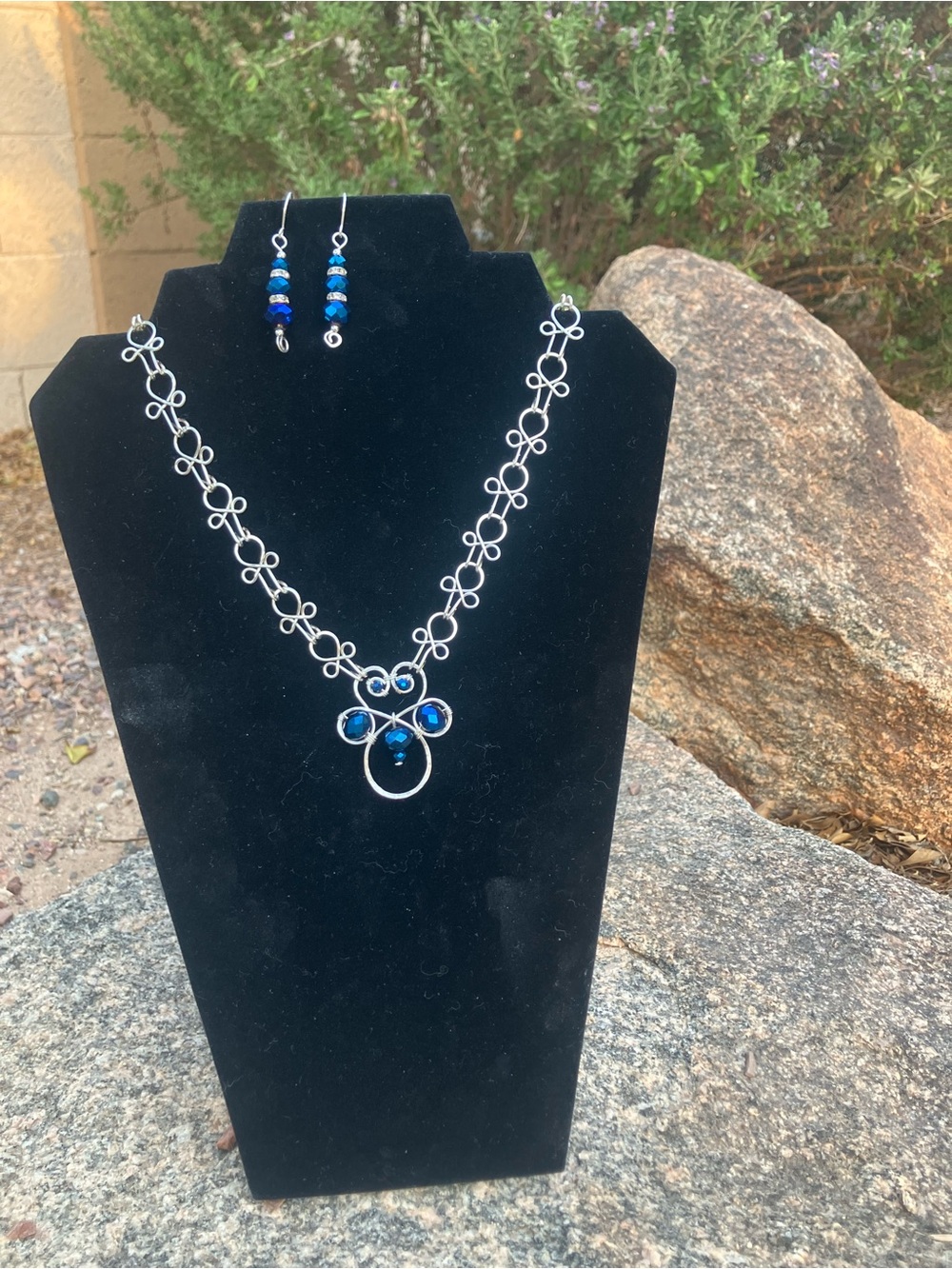 Handcrafted Silver tone Necklace and Earrings Set with Blue Accents - Picture 1 of 4